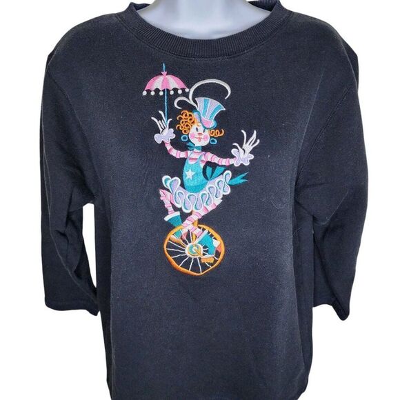 Bob Mackie Clown Sweatshirt Womens Size S Black Art to Wear 2 Sided Embroidered - Picture 1 of 6